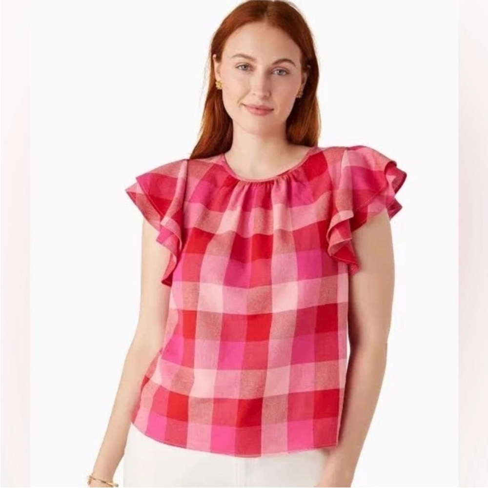 Kate Spade Pink Gingham Ruffle Sleeve Blouse Size Small